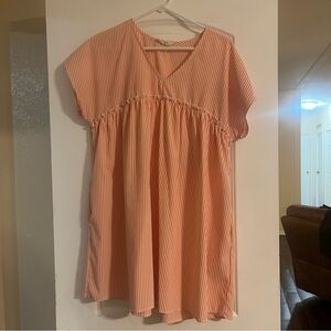 Womens Tunic Dress Striped Orange White Lightweight Loose Fit Flowy V-Neck MED